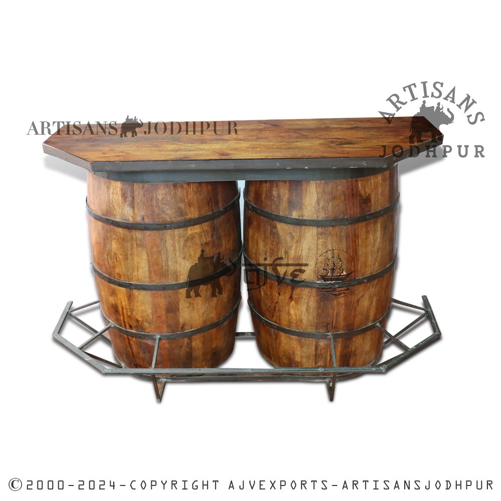 Vintage wooden bar counter with shelves