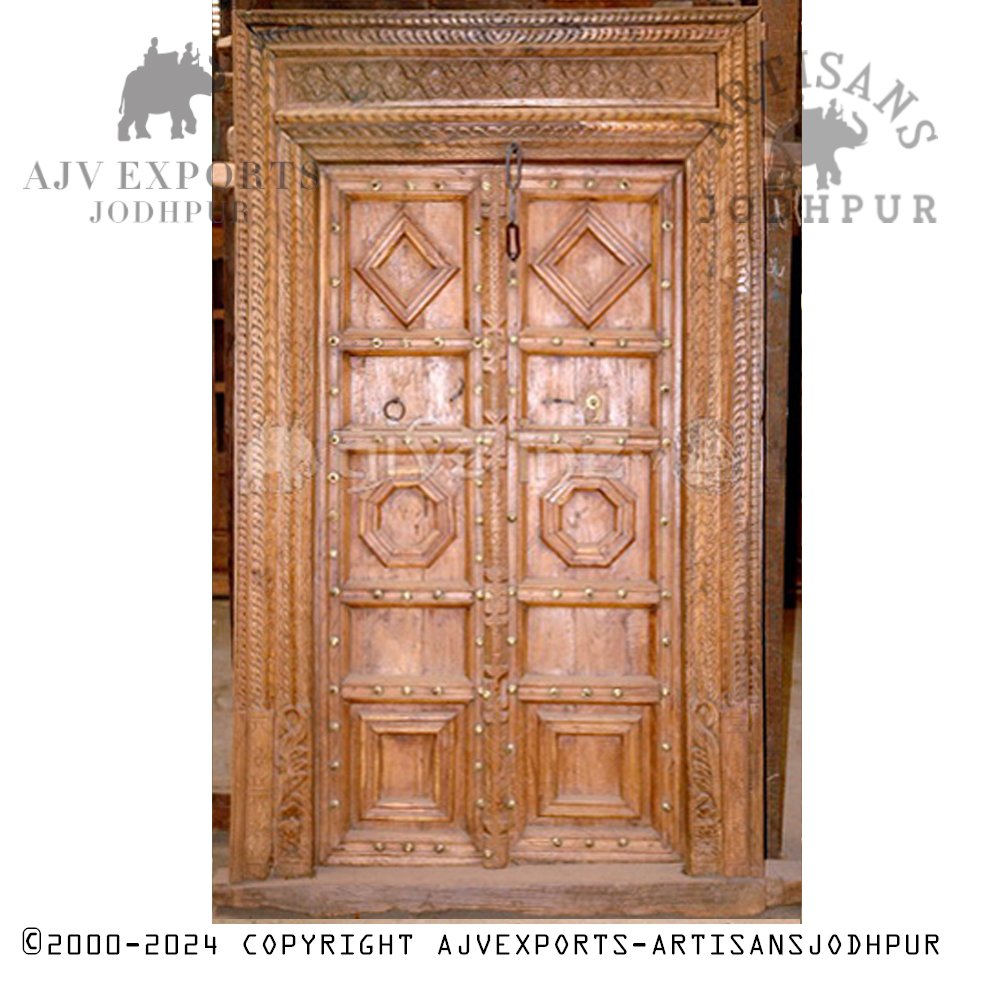 Traditional wooden door with metal accents