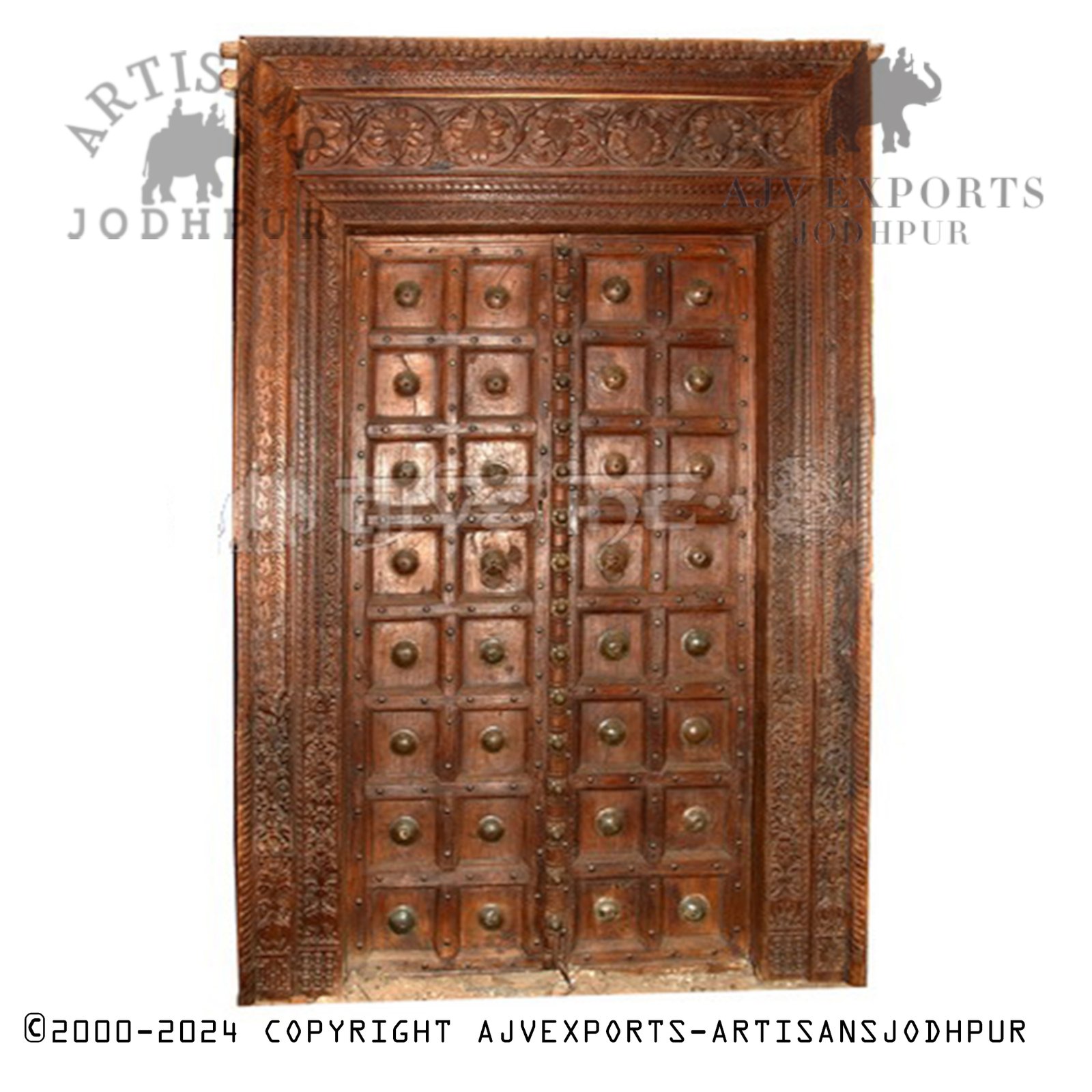 Wooden door with brass accents and verdigris patina