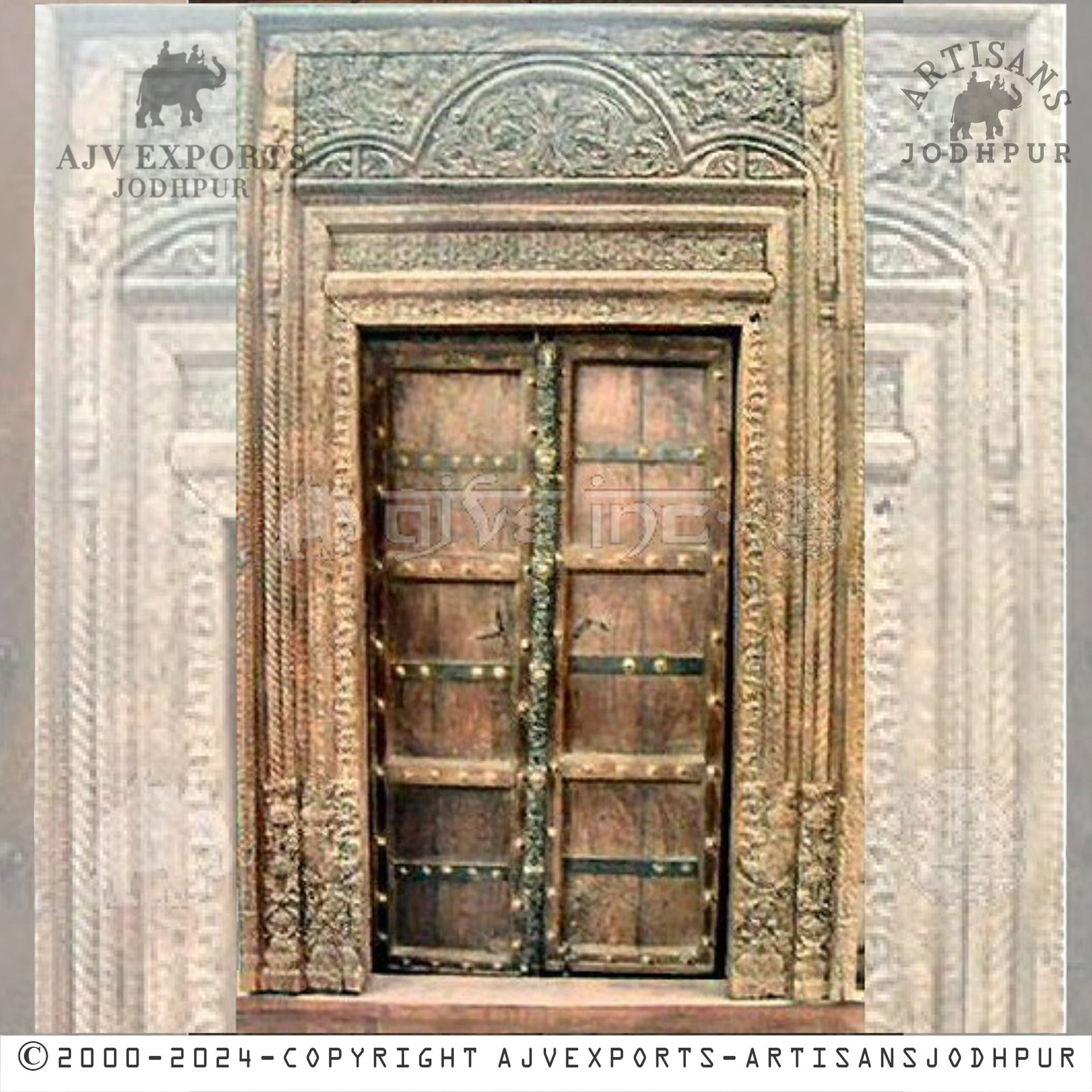 Vintage wooden door with distressed finish and metal accents